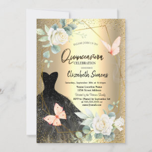 Invitación Mariposas Rosas Vestido Negro Quinceañera