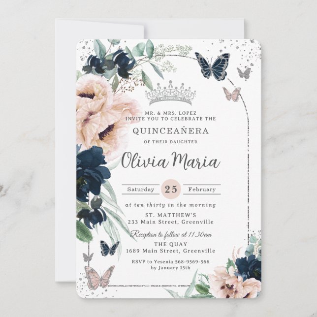 Invitación Mariposas Rubor Floral Silver Quinceañera (Anverso)