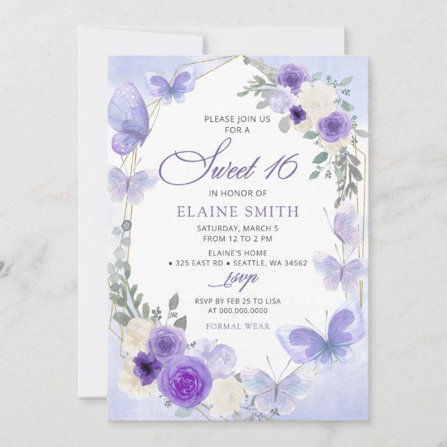 Invitación Mariposas Rustic Floral Purple Lilac Dulce 16 (Anverso)