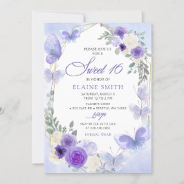 Invitación Mariposas Rustic Floral Purple Lilac Dulce 16