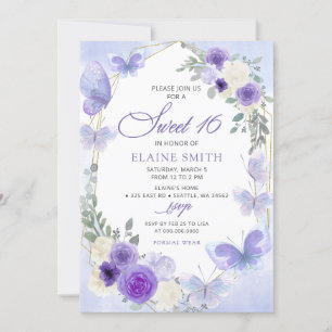 Invitación Mariposas Rustic Floral Purple Lilac Dulce 16