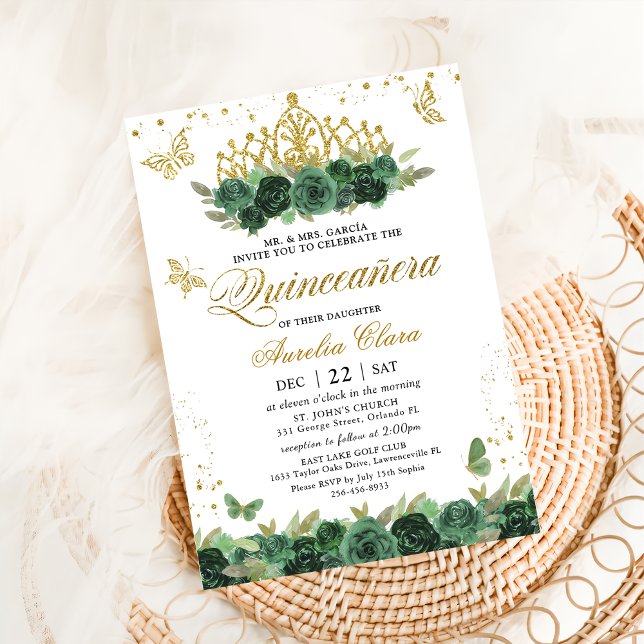 Invitación Mariposas Sage Green Floral Gold Quinceañera (Subido por el creador)