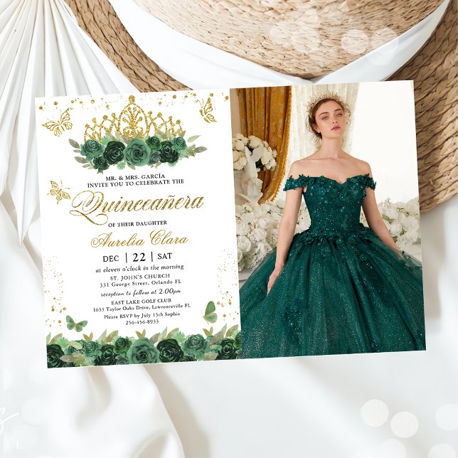 Invitación Mariposas Sage Green Floral Gold Quinceañera (Subido por el creador)