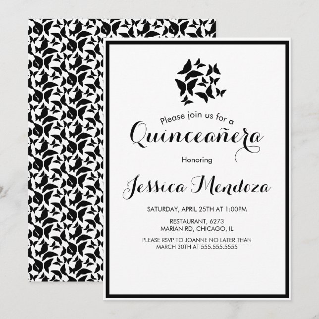 Invitación Mariposas Simples de Quince Negras y Blancas Dulce (Anverso / Reverso)