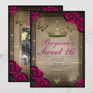 Invitación Mariposas Tiara de Oro Rosas Magenta Dulces 16