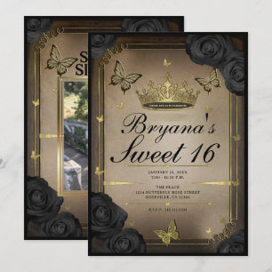 Invitación Mariposas Tiara de Oro Rosas Negras Dulces 16 Foto
