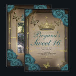 Invitación Mariposas Tiara de Oro Rosas Turquesa Dulces 16<br><div class="desc">Personalízalo como quieras.

Reemplaza la foto del dorso con tu propia foto o elimina la foto por completo.</div>