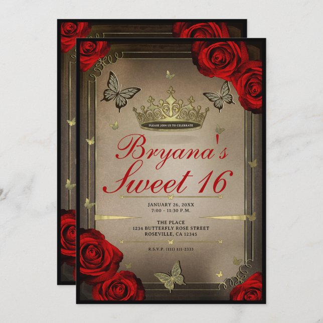 Invitación Mariposas Tiara de oro y rosas rojas dulces 16 fot (Anverso / Reverso)