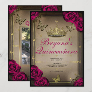 Invitación Mariposas Tiara Dorada Rosas Magenta Quinceañera
