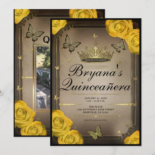 Invitación Mariposas Tiara doradas Rosas Amarillas Quinceañer (Anverso / Reverso)