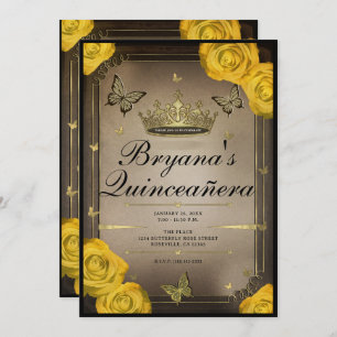 Invitación Mariposas Tiara doradas Rosas Amarillas Quinceañer