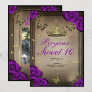 Invitación Mariposas Tiara Rosas Púrpura Brillante Cumpleaños
