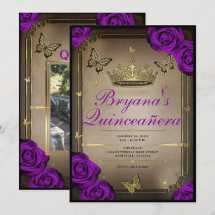 Invitación Mariposas Tiara Rosas Púrpura Brillante Quinceañer