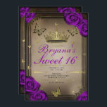 Invitación Mariposas Tiara Rosas Púrpura Brillantes Dulce 16<br><div class="desc">Personalizar como quieras. Reemplace la foto de la parte de atrás con su propia foto o quite la foto por completo.</div>