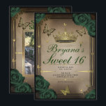 Invitación Mariposas Tiara Rosas Verdes Esmeralda Sweet 16<br><div class="desc">Personalice de la manera que desee.

Reemplace la foto en la parte posterior con su propia foto o elimine la foto por completo.</div>