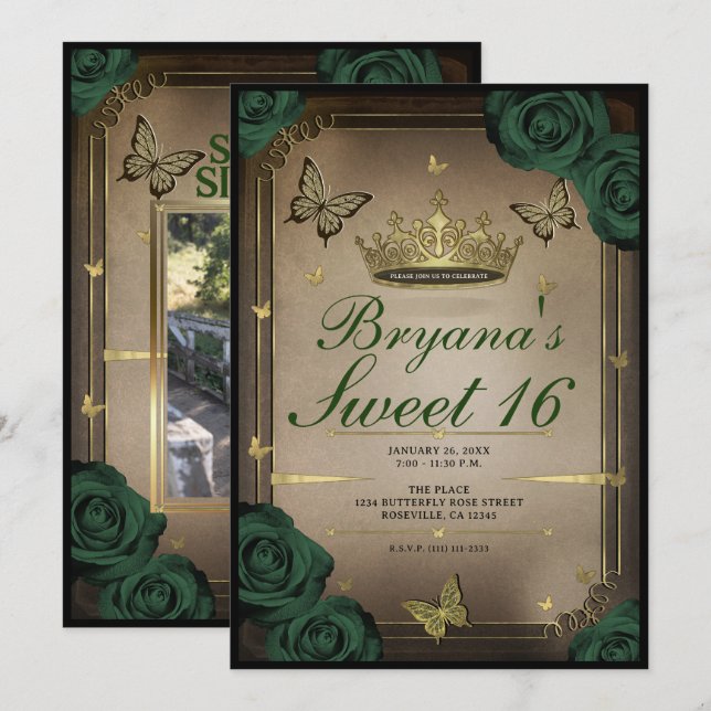 Invitación Mariposas Tiara Rosas verdes esmeraldas 16 (Anverso / Reverso)