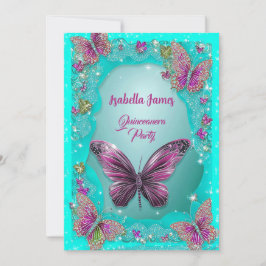Invitación Mariposas turquesa moda purpurina de chispa violet