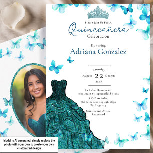Invitación Mariposas Turquesa Vestido Tiara Foto Quinceanera