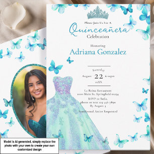Invitación Mariposas Turquesa Vestido Tiara Foto Quinceanera