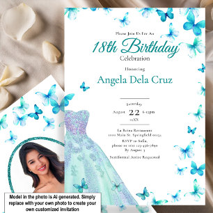 Invitación Mariposas Turquesa Y Vestido Debut Cumpleaños 18