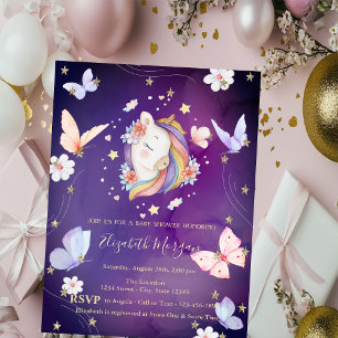 Invitación Mariposas Unicornio Brillo Violeta Baby Shower