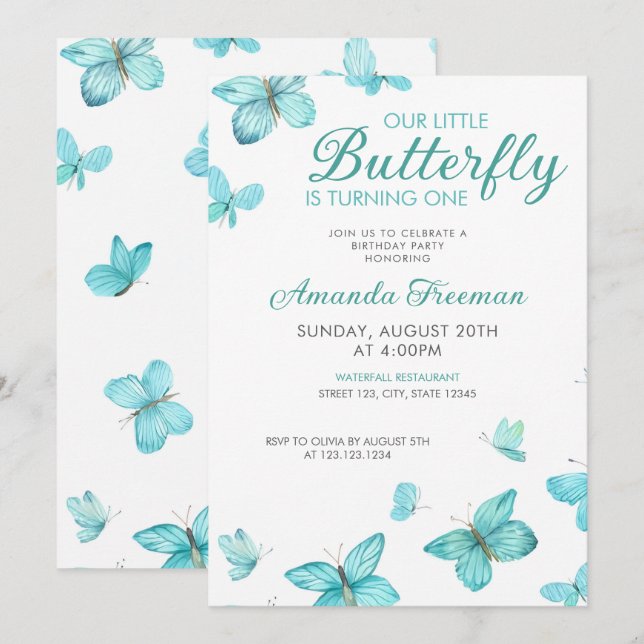Invitación Mariposas Verde azuladas acuarelas Cute primer cum (Anverso / Reverso)