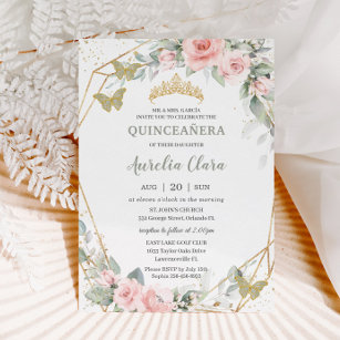 Invitación Mariposas verdes sabrosas Floral rosa Quinceañera
