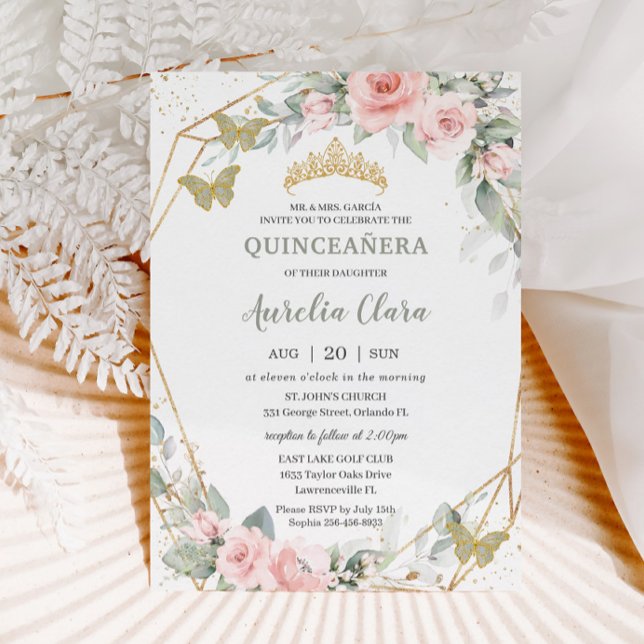 Invitación Mariposas verdes sabrosas Floral rosa Quinceañera (Subido por el creador)