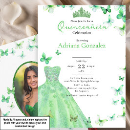 Invitación Mariposas Verdes Vestido Tiara Foto Quinceanera
