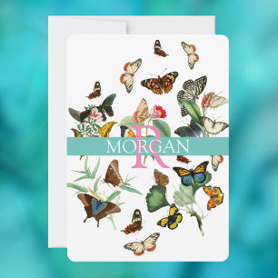 Invitación Mariposas vintage, mensaje de nombre de monograma 