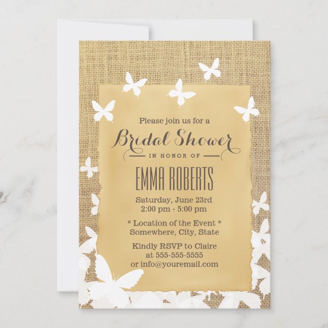 Invitación Mariposas voladoras de estilo Burlap Bridal Shower (Anverso)