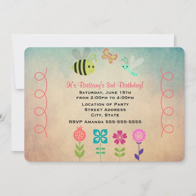 Invitación Mariposas y abejas Fiesta de cumpleaños (Anverso)