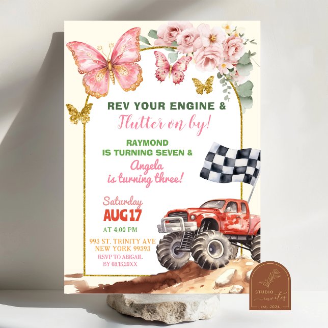 Invitación Mariposas y Camión Monstruo Cumpleaños Conjunto (Subido por el creador)