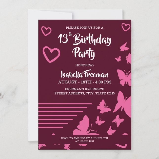 Invitación Mariposas y corazones Chica rosa 13 cumpleaños (Anverso)