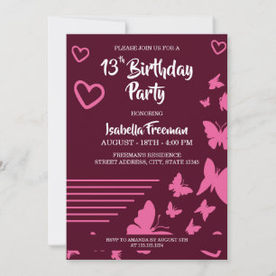 Invitación Mariposas y corazones Chica rosa 13 cumpleaños