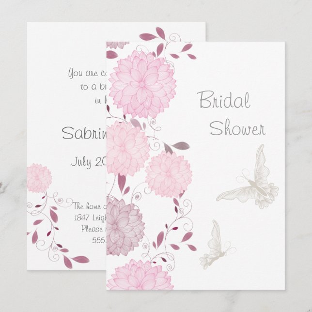 Invitación Mariposas y crisantemas rosados duchas de novias (Anverso / Reverso)