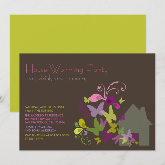 Invitación Mariposas y decoro deja casa con Fiesta caliente (Anverso / Reverso)