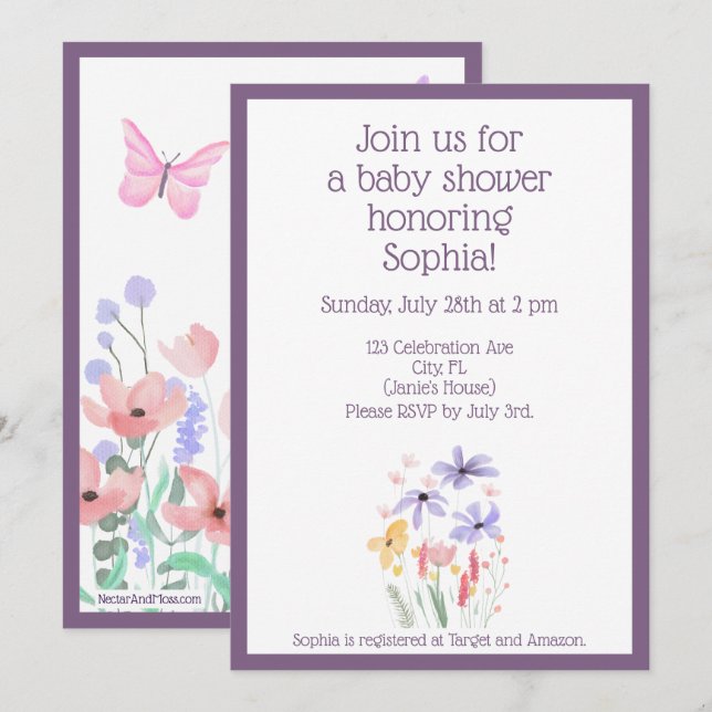 Invitación Mariposas y floraciones Baby Shower simplificada (Anverso / Reverso)