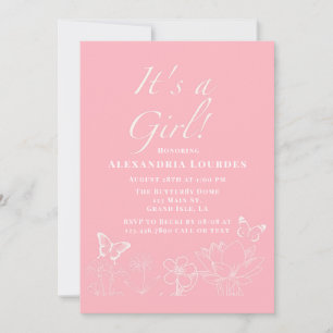 Invitación Mariposas y Floral Rosa Blanco Baby Shower Niña