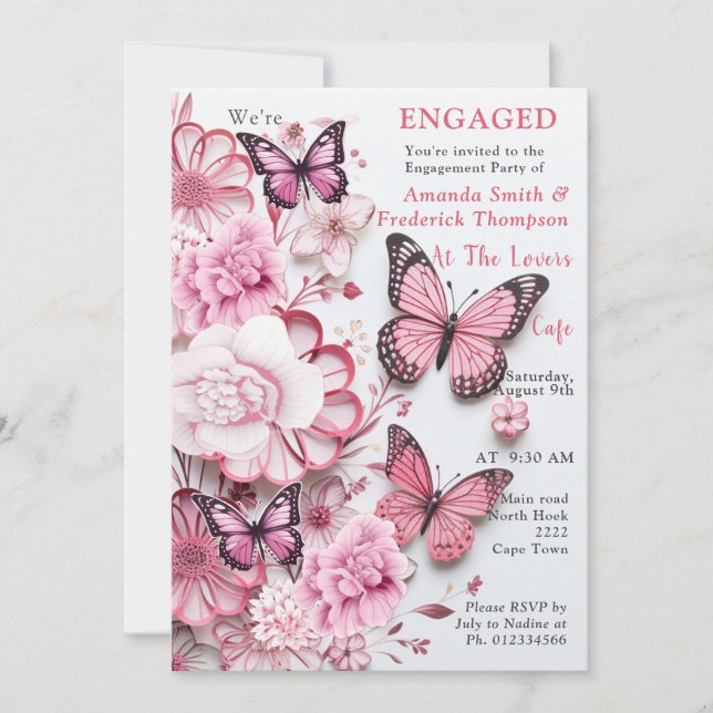 Invitación Mariposas y flores en diferentes tonalidades de ro (Anverso)