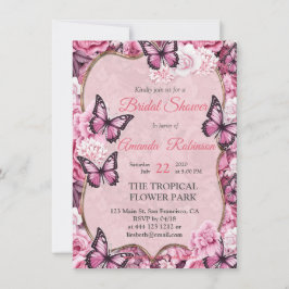 Invitación Mariposas y flores en diferentes tonalidades de ro
