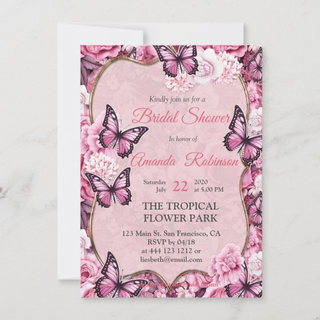 Invitación Mariposas y flores en diferentes tonalidades de ro (Anverso)