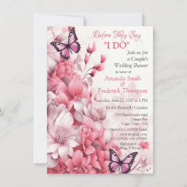 Invitación Mariposas y flores en diferentes tonalidades de ro