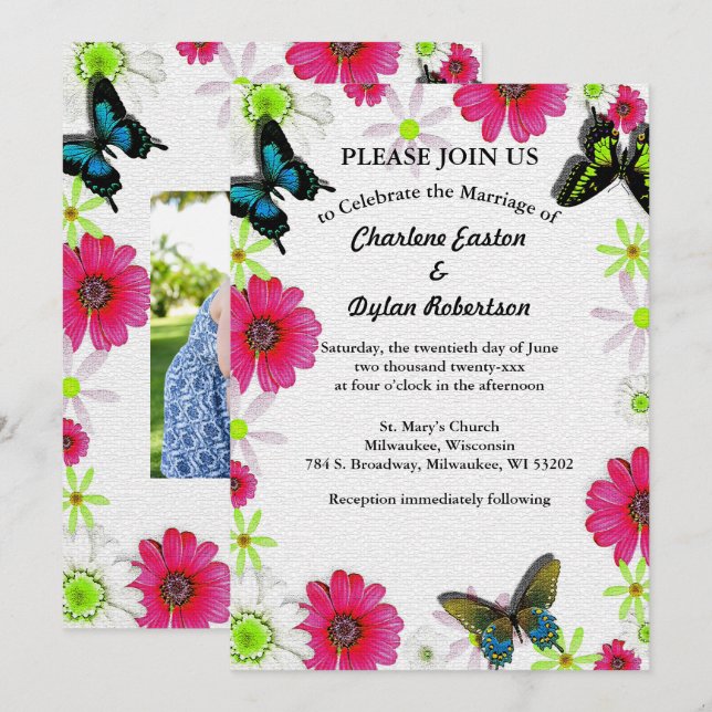 Invitación Mariposas y flores en mosaico añaden foto de parej (Anverso / Reverso)
