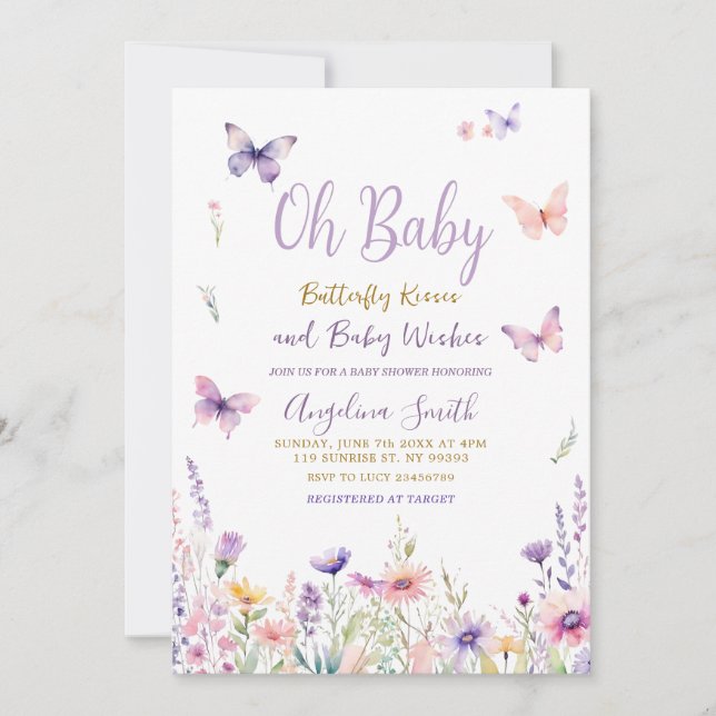 Invitación Mariposas y flores púrpura ducha bebé (Anverso)