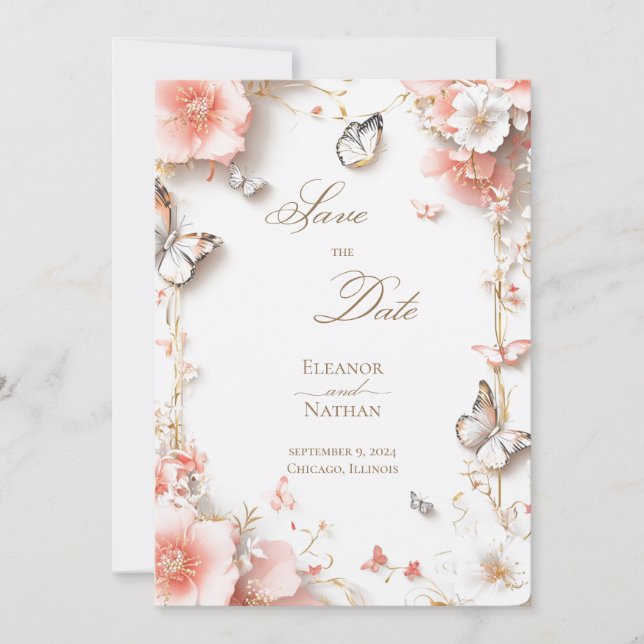 Invitación Mariposas y flores Save the date (Anverso)