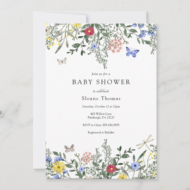 Invitación Mariposas y flores silvestres Baby Shower (Anverso)