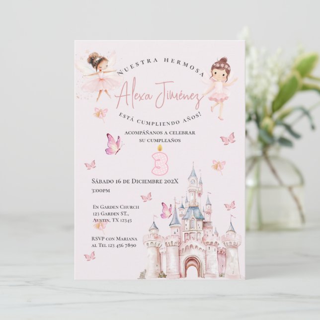 Invitación Mariposas y princesas en tercer cumpleaños en espa (Anverso de pie)