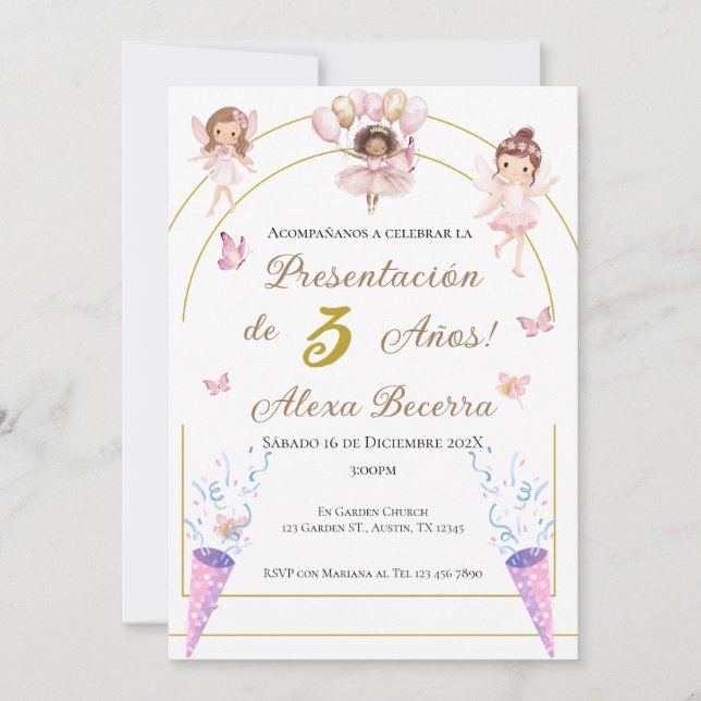 Invitación Mariposas y princesas primer cumpleaños en español (Anverso)