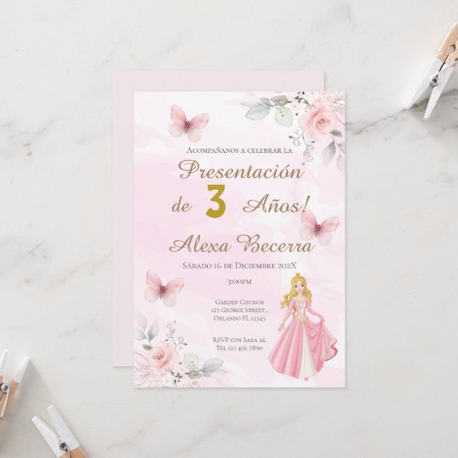 Invitación Mariposas y princesas primer cumpleaños en español (Anverso/Reverso In Situ)